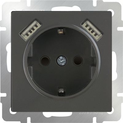 WL07-SKGS-USBx2-IP20 / Розетка с заземлением, шторками и USBх2 (серо-коричневый)