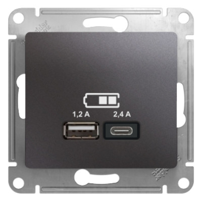 GLOSSA USB РОЗЕТКА A+С, 5В/2,4А, 2х5В/1,2 А, механизм, ГРАФИТ GSL001339